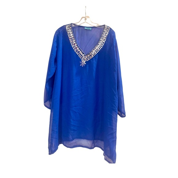 aqua blue Other - AQUA BLUE SHEER RHINESTONE swimsuit coverup women’s size Large